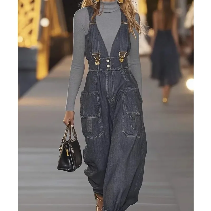 

Модные джинсовые комбинезоны-брюки без рукавов для женщин, осенне-зимняя коллекция 2026, свободный крой, однотонные, из денима