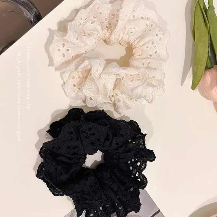 6Pcs White ballet style hollowed-out lace scrunchie fever hair tie Double three-dimensional fluffy fabric large Ring HA2716