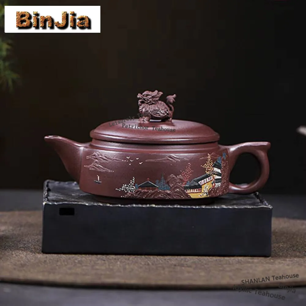 240ML Aesthetic Yixing Purple Clay Teapots Made  Hand-carved Pot Raw Ore Purple Mud Kettle Zisha Tea Set Tableware Accessories