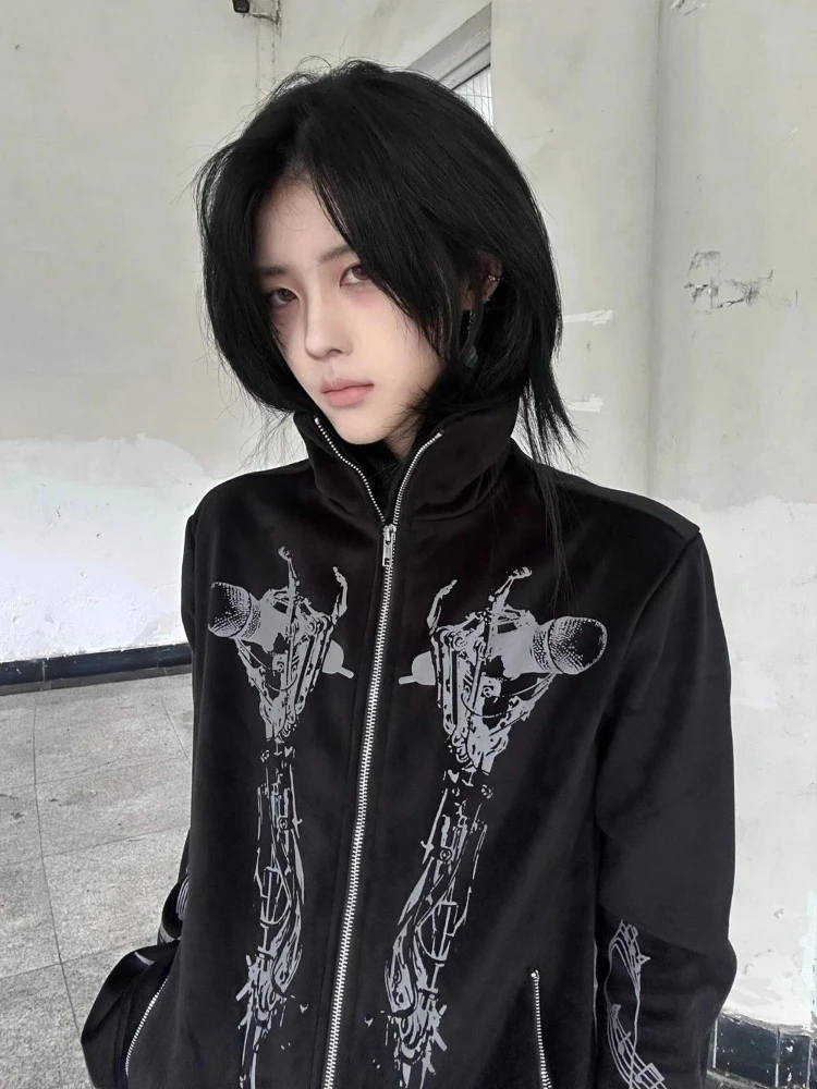 

Черная куртка с капюшоном в стиле ретро, женская свободная куртка на молнии с принтом High Street, американский винтажный модный готический свитшот, новинка