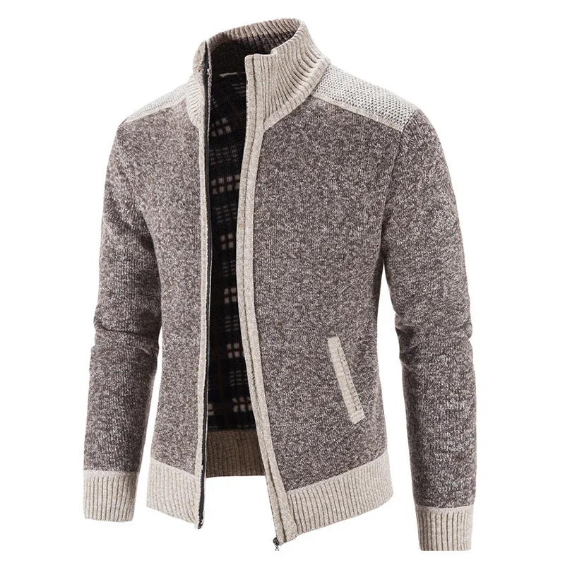 New Men's Warm Zipper Sweater Coat Fashion Patchwork Cardigan Male Knitted Sweater Jacket Slim Fit Stand Collar Thick Warm Coats