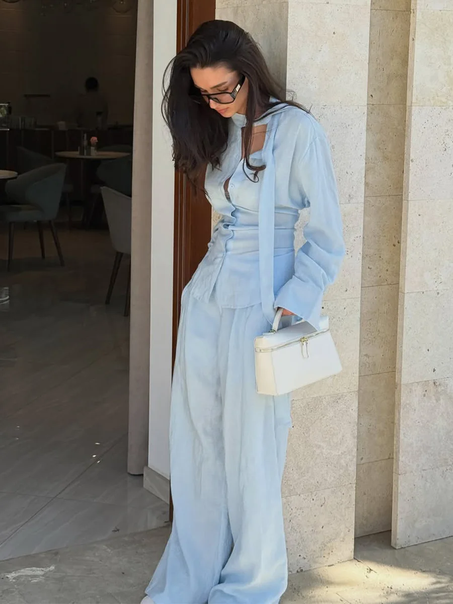 LIinar 100% Cotton Fitted Tie-Waist Shirt and Pants Set 2026 Fall Winter New Casual Commuter Pants Set for Women