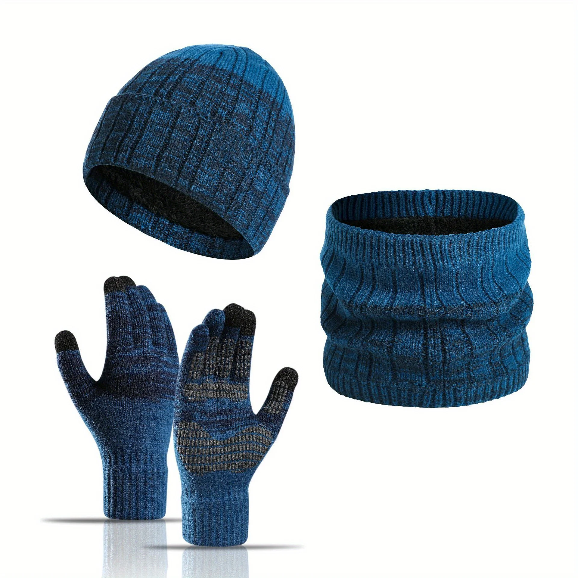 Outdoor Neck Warmer Set 3Pcs Fleece Lined Thickened Knit Hat For Men Women Winter Cold Weather Windproof Protection