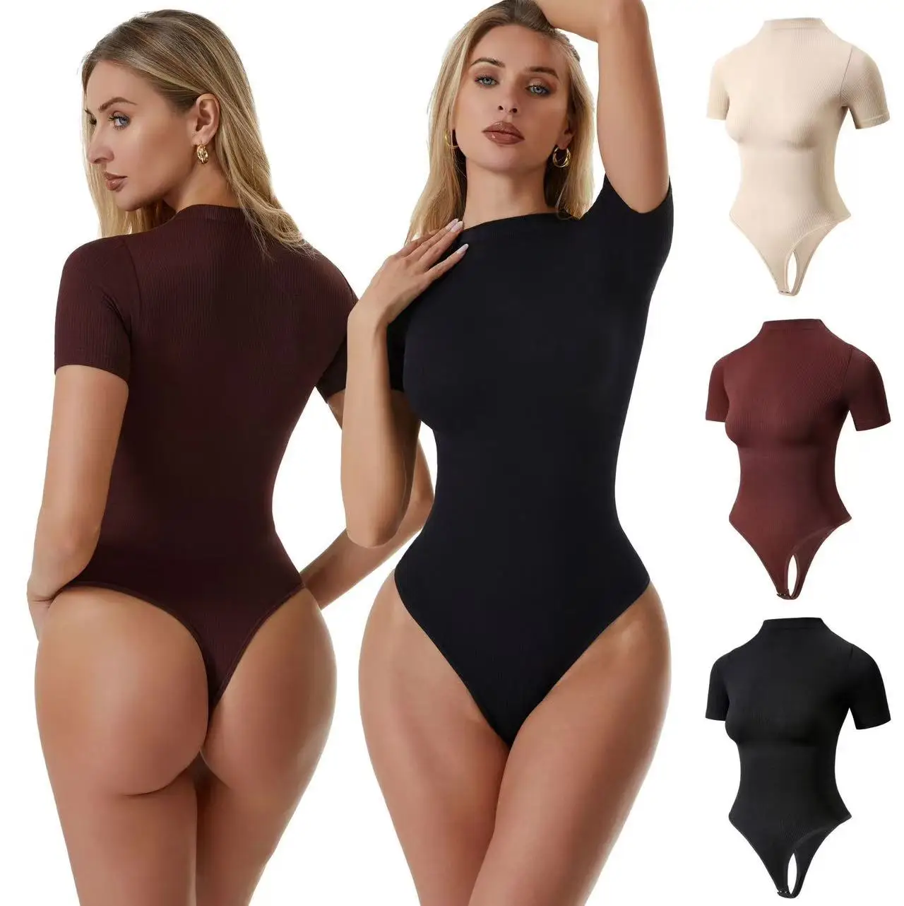 Women Plus Size Shapewear Bodysuit Round Neck Short Sleeve Tummy Control Waist Shaper Seamless Body Shaper Gym Fitness Yoga Base