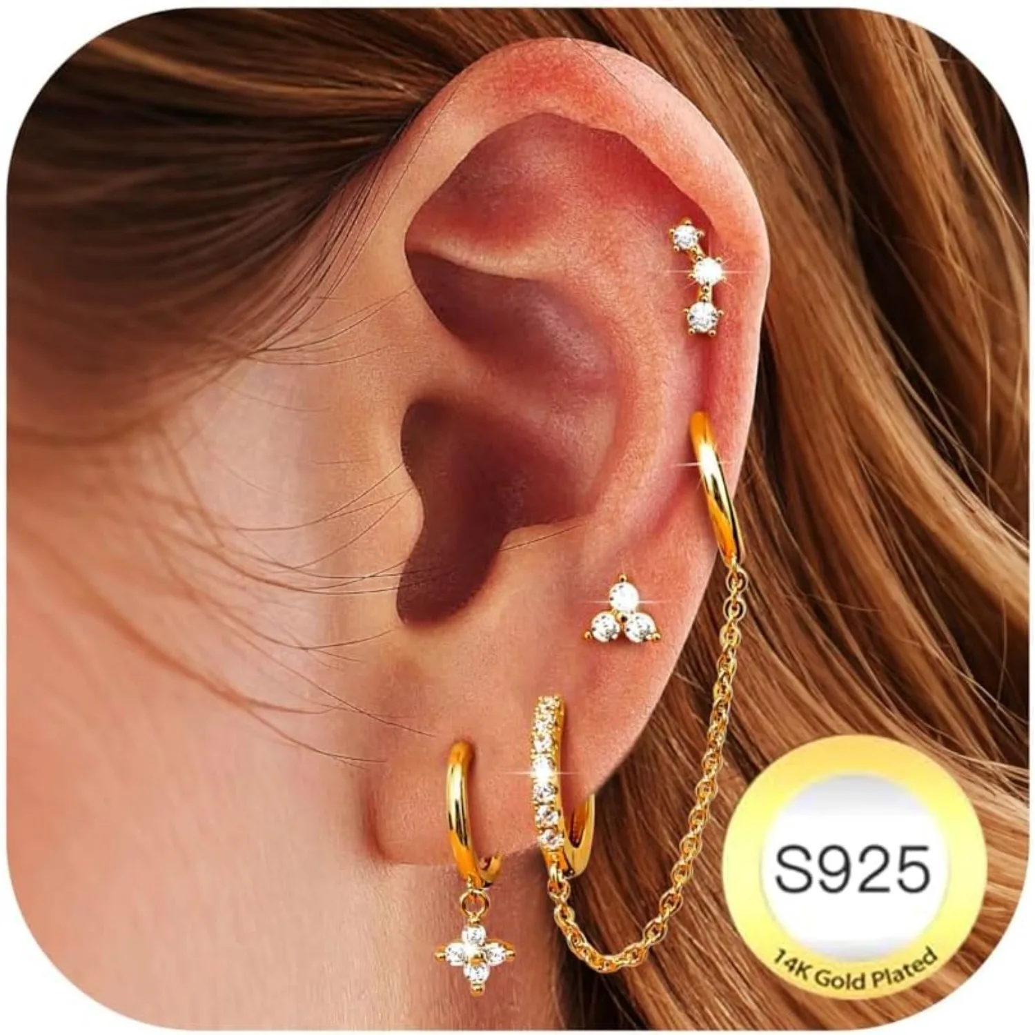 

Fansilver 5Pairs Sterling Silver Earrings for Women 14K Gold Plated Earrings Stack Studs Hoop Earrings Set for Multiple Piercing