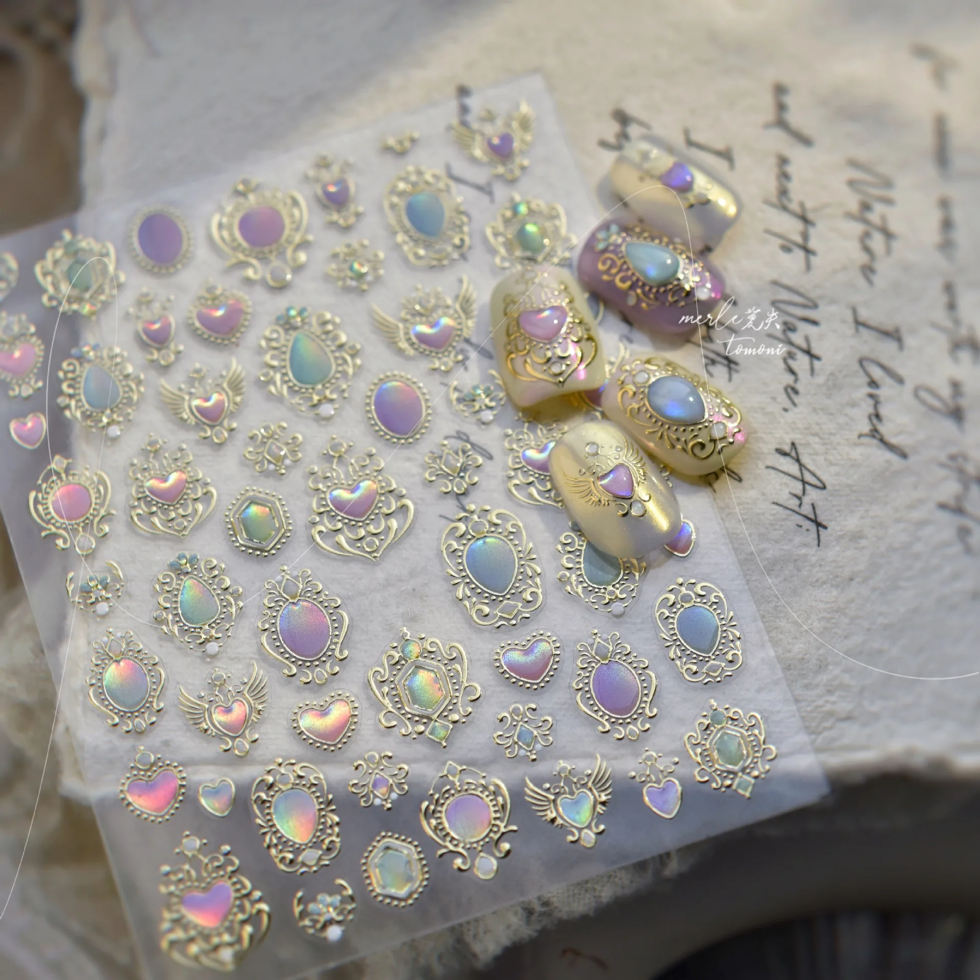 Autocollants pour ongles dorure œil de chat, dégradé 3D, pierres précieuses en forme de cœur européen, aile en cristal, décoration pour Nail Art, décalcomanies de manucure, DIY bricolage