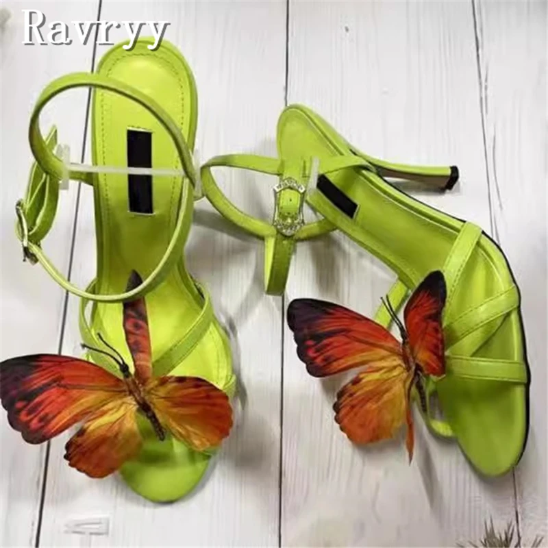 Summer New Green Butterfly Women Sandals Luxury Design Peep Toe Thin High Heels Ankle Strap Buckle Wedding Party Shoes