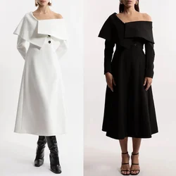 Customized Sizes Available High Quality Jersey Pleat Button A-line Off-the-shoulder Midi Dresses Bespoke Occasion Dresses Casual