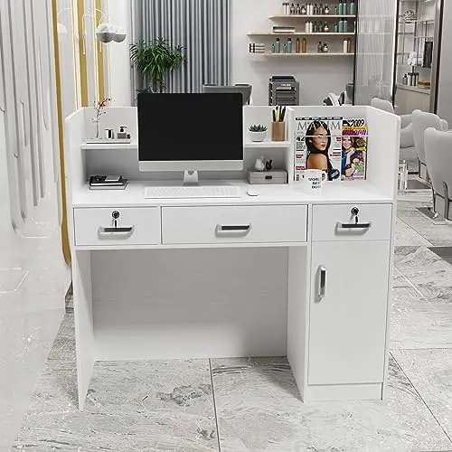 Modern Reception Desk, Front Table Counter with Lockable Drawers and Moveable Shelves, Receptionist Desk Retail