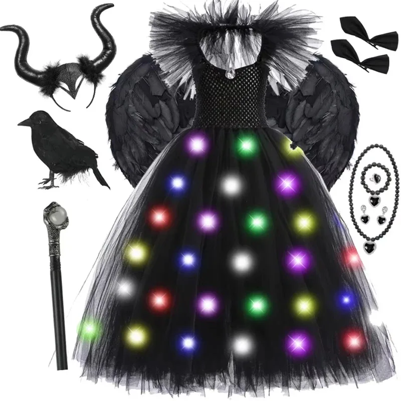 

Halloween Disguise Dress for Kids Girl Cosplay Princess Dress Queen Black Witch Costume Fancy Carnival Party LED Light Outfit
