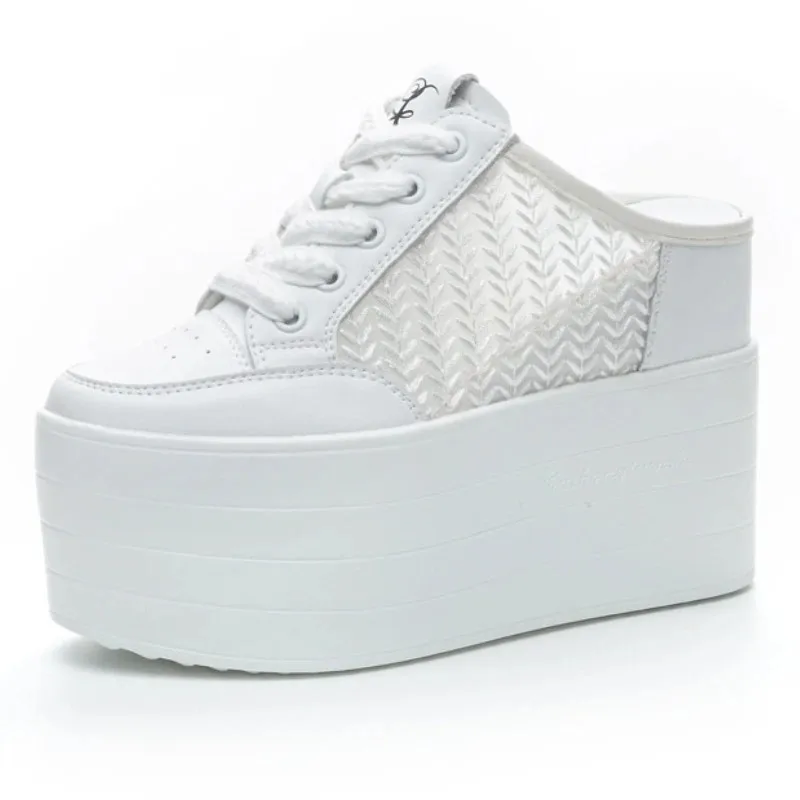 

Шлепанцы 12 см, кроссовки, тапочки без шнуровки, женская летняя обувь, сандалии на танкетке из микрофибры, блестящие сандалии на платформе с воздушной сеткой