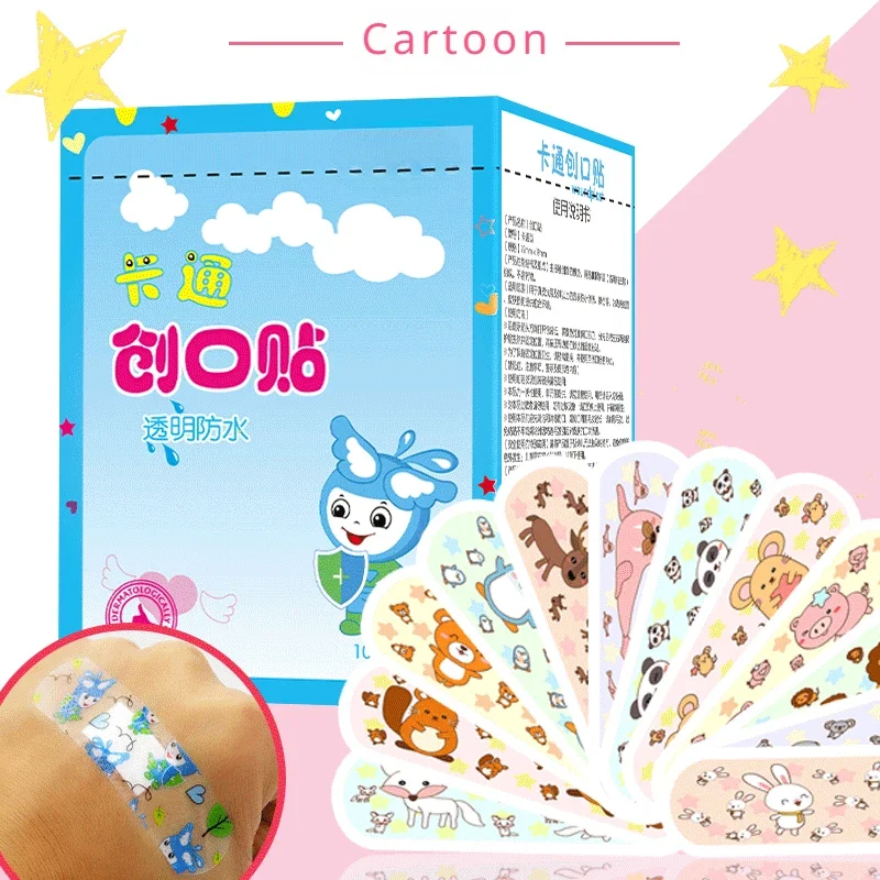 Waterproof Cartoon animal bandagem para crianças, bonito transparente hemostático bandagens, jardim de infância família bebê primeiros socorros suprimentos, 100pcs