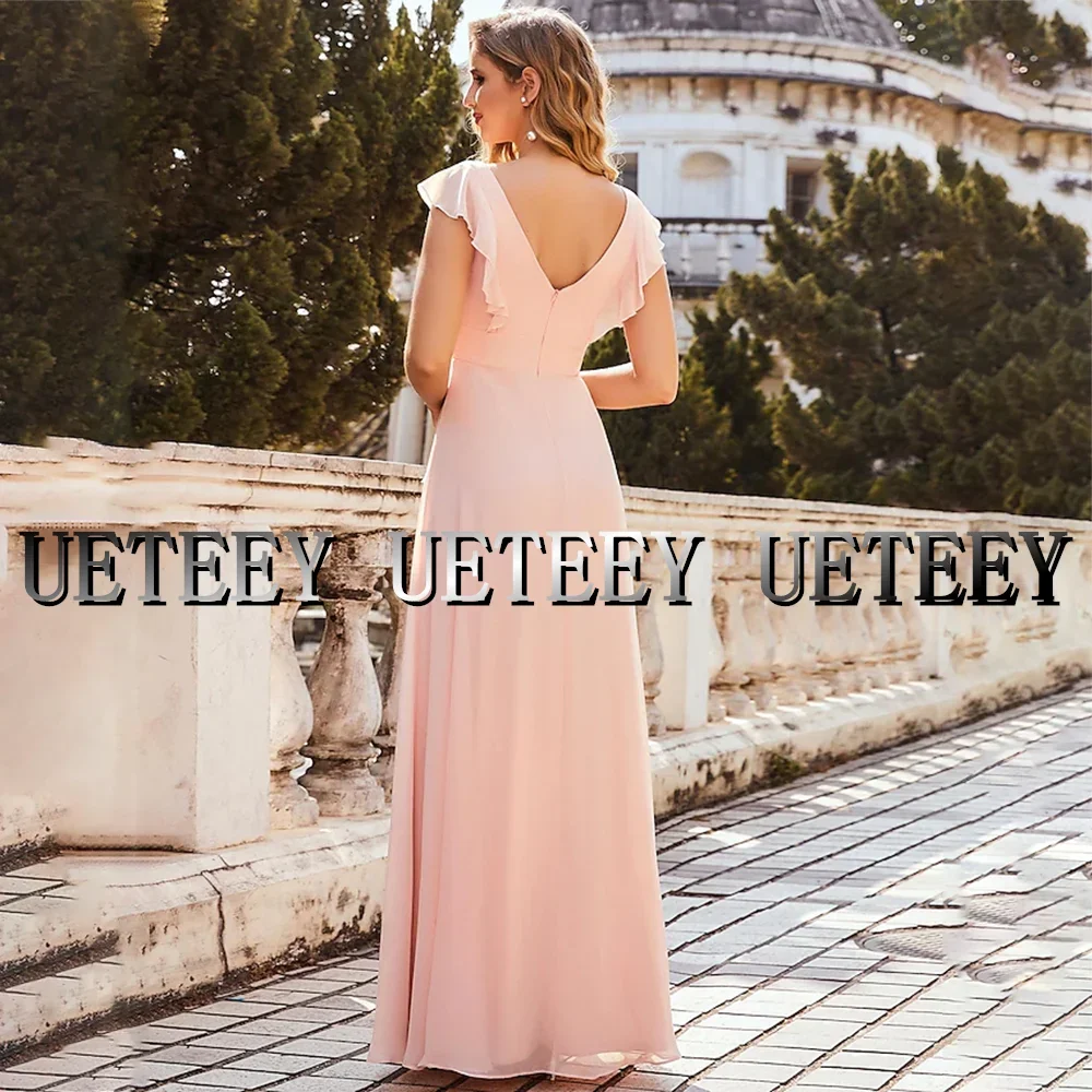 Robe de demoiselle d'honneur trapèze rose personnalisée, col en V, sans manches, à volants, en mousseline de soie, longueur au sol, robes de soirée de mariage pour femmes