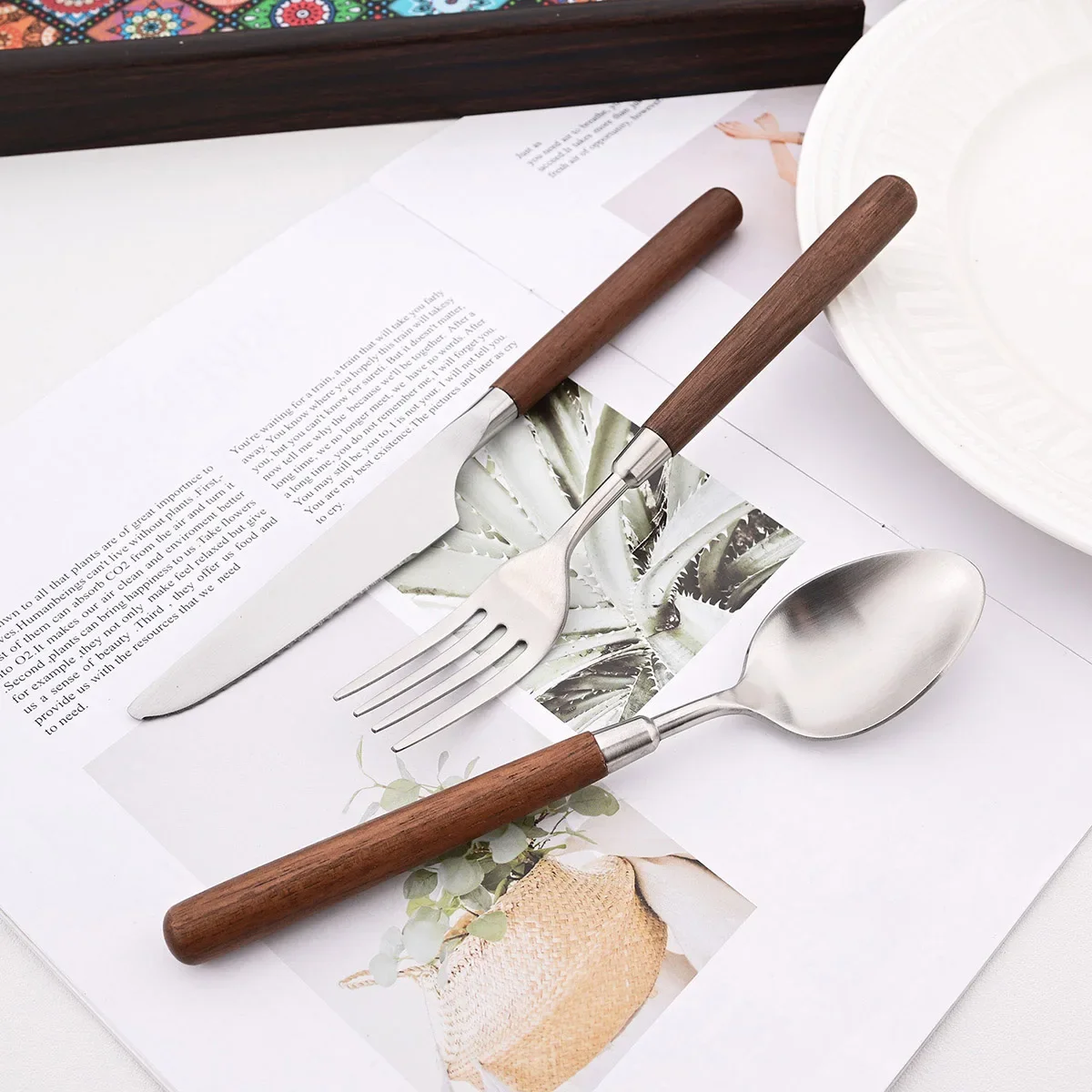 1/4pcs Knife Fork Spoon Dinnerware Matte Wooden Handle Cutlery Set Stainless Steel Tableware Set Kitchen Dining Party Flatware