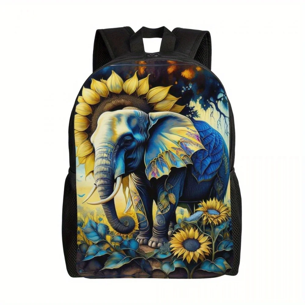 Elephant and sunflower print casual backpack, large capacity men and women travel bag, lightweight laptop shoulder bag