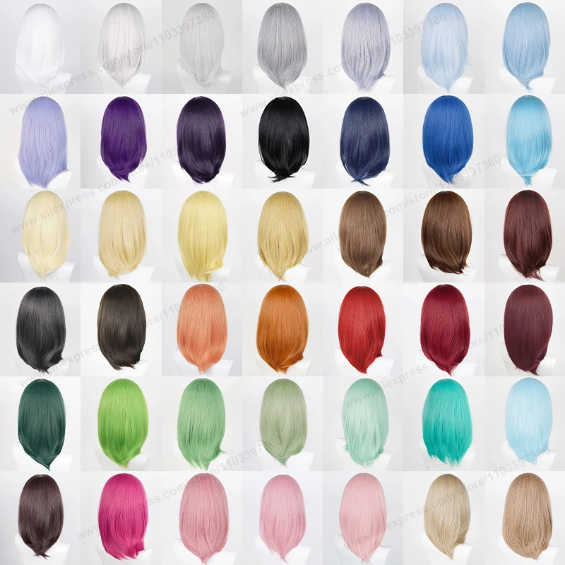 Perruque Cosplay Synthétique de Base Moyenne avec Frange Blonde pour Femme, Anime, Noir, Blanc, Rouge, Rose, Vert, Marron, Or, Bleu, Cheveux à Degré