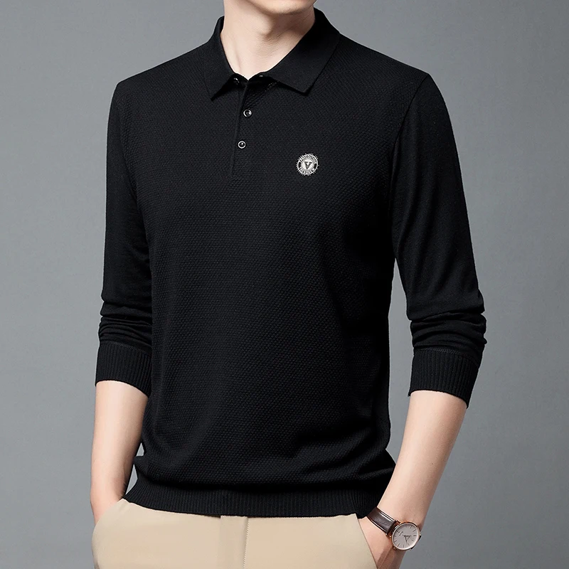 Atasan kerah Polo rajut warna polos, bordir dasar sederhana harian kasual Pullover kerah Lapel untuk pria