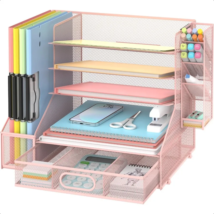 

DALTACK Mesh Desk Organizer 5Tier Paper Letter Tray with File Holder Pen Holder Sliding Drawer Desktop Organizer and Storage fo
