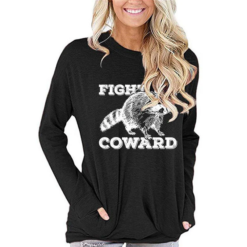 Retro Animals Fight Me Coward Long-sleeved T-shirt Women Funny Raccoon Vintage Graphic Tee Raccoon Lover Funny Gifts T-shirts