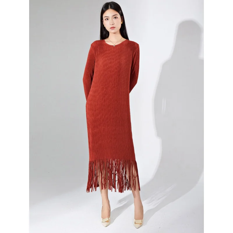 MIYAKE Pleated Style New high-end women knitted design sense dress niche loose round neck long sleeved tassel [23109zsj-Z7098]