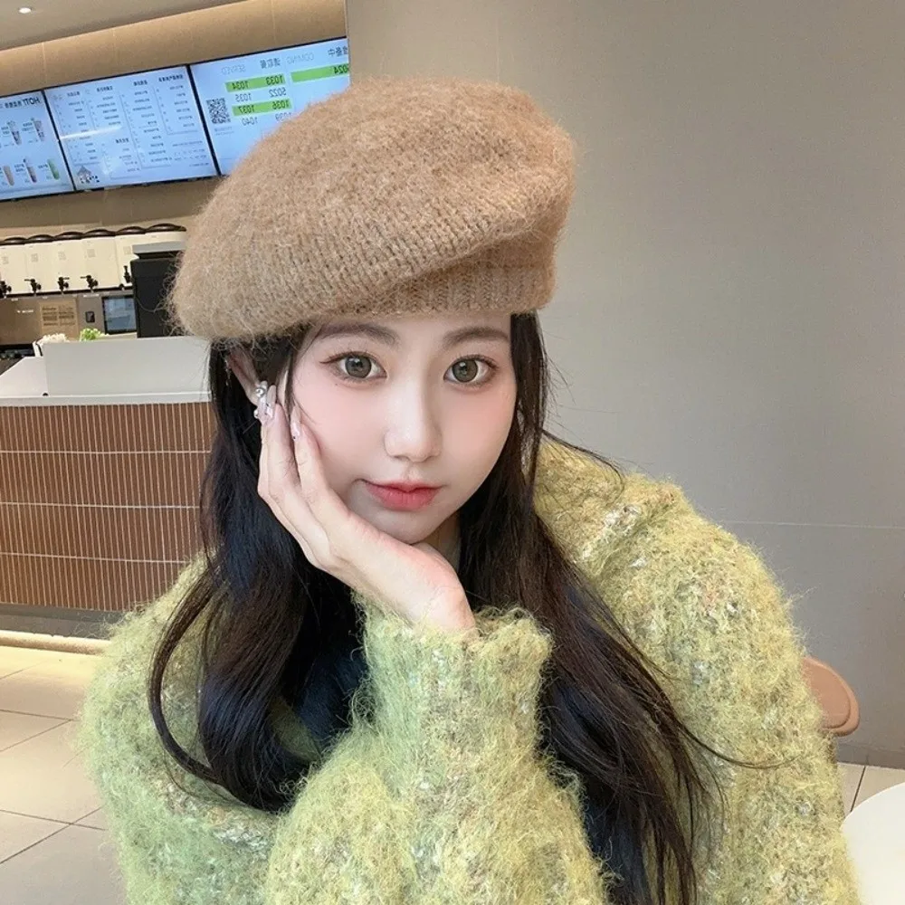 

Fashion Mohair Knitted Beret Hat Solid Color Harajuku Wool Painter Hat Fluffy Warm Knitted Octagonal Cap Streetwear