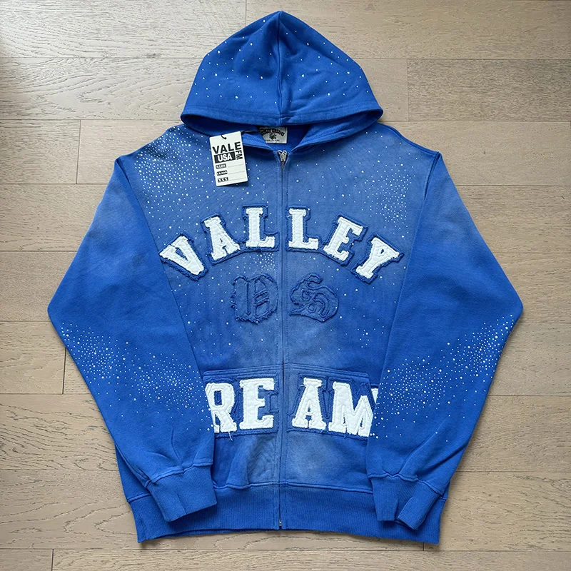 2026 Fall Winter New VALLEY Blue Zip Hoodie Washed Rhinestone Splash Chenille Letter Oversized Sweatshirt
