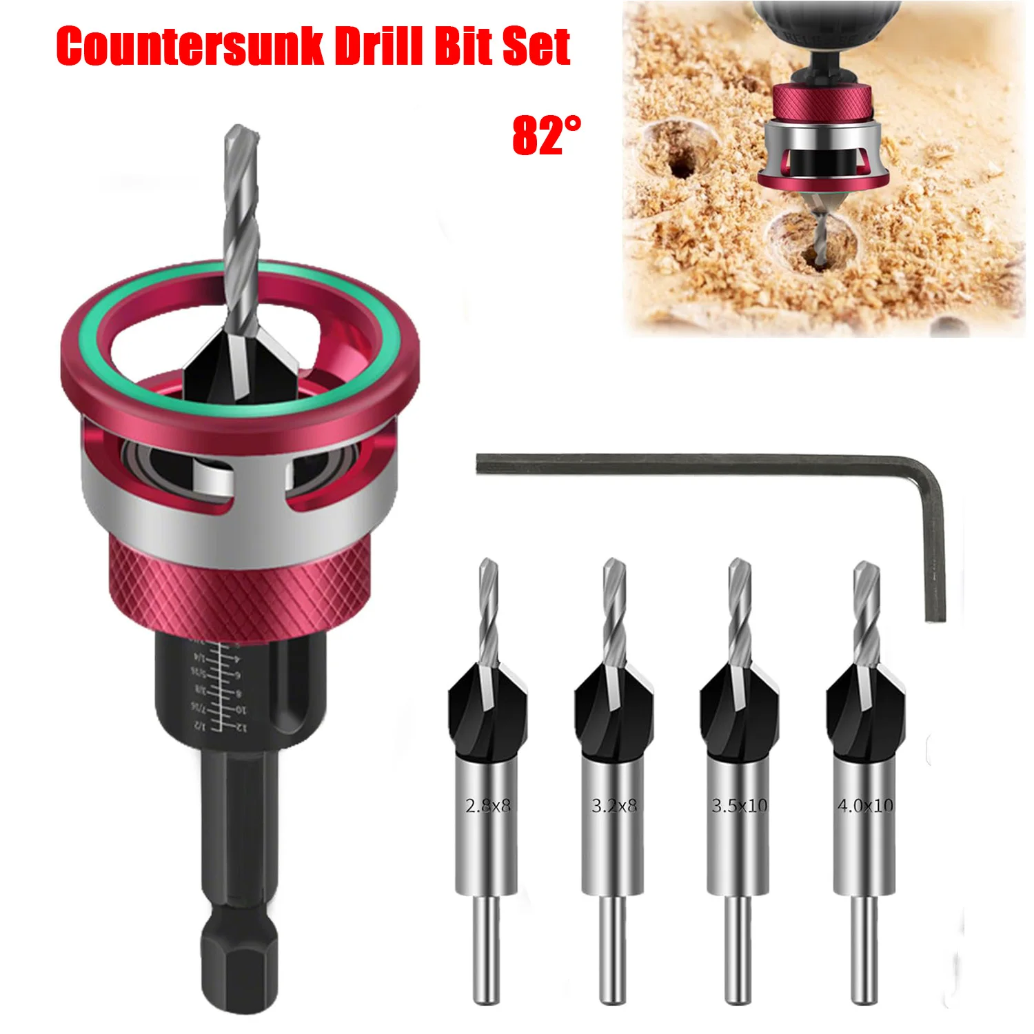 1/4 inch Wood Countersink Bit With Wrench 4PCS Four-Flute HSS M2 Tapered Drill Bits Plywood And MDF DIY For 82° Woodworking