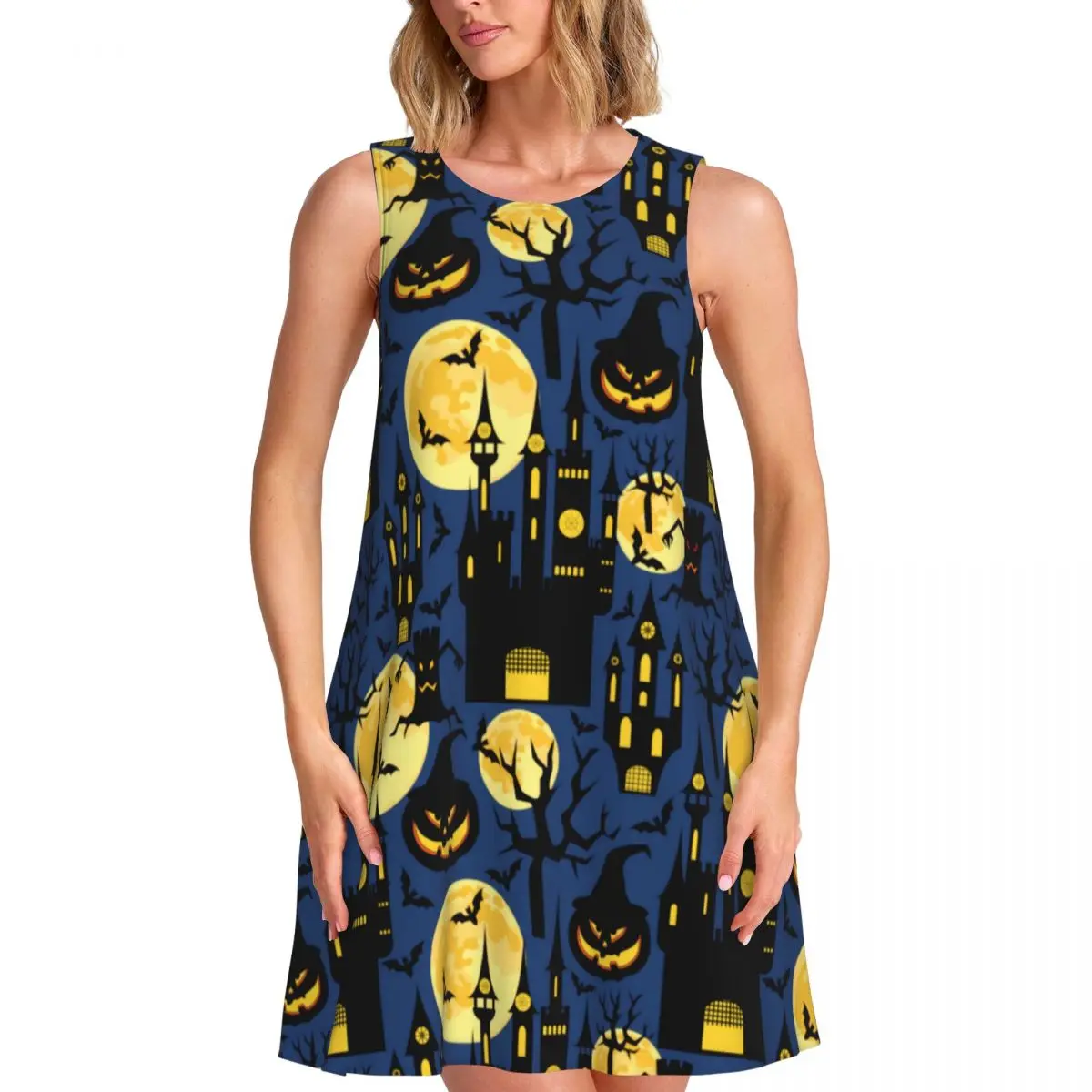Spooky Halloween Casual Dress Haunted House Street Fashion Dresses Sleeveless Club Dress Cheap O Neck Woman Pattern Vestidos
