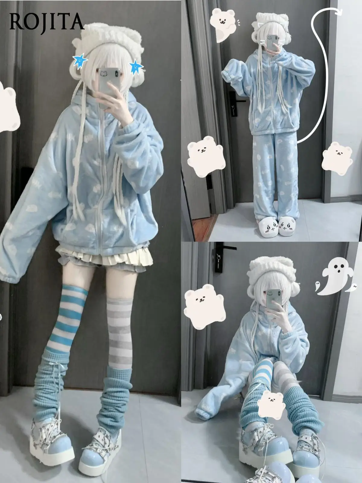 Water Color Cat Print Pajamas Flannel Autumn and Winter Long-sleeved Hooded Suit Loungewear Women's Pijamas