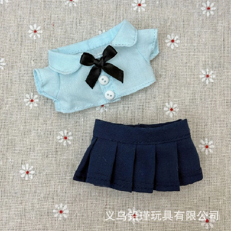 

For labubu College Style Doll Clothes Set For 10、15Cm Plush Dolls Labubu KT Shirt With Bow Tie And Pleated Skirt Dress Up Outfit
