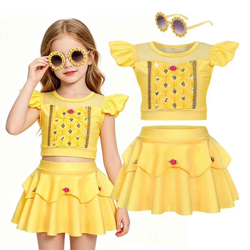 Kids Girls Belle Themed Swimsuit Two-piece Inspired with Floral Embroidery and Matching Sunglasses for Pool Party