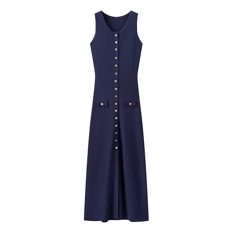 Spring New Sle Evening Gown Vest Long Dr Commute round Ne Svel Straight Slim Knitted Dr Women's Faion