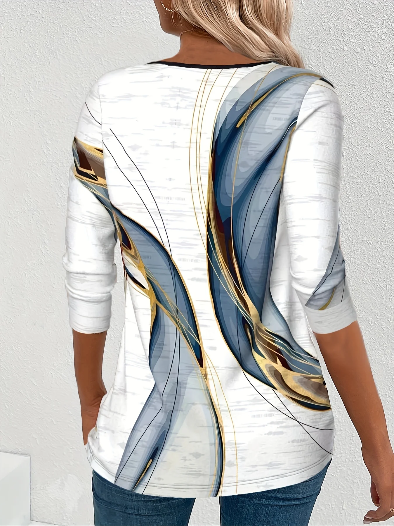Elegant Blue and Gold Swirl Print Women's Long Top, 3/4 Sleeve, Round Neck, Casual Wear