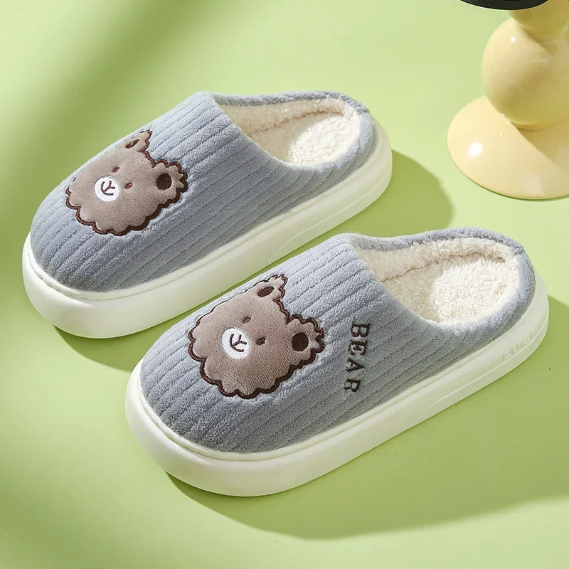 2024 New Winter Soft Mens Indoor Antiskid Fluffy Slides Bedroom Cartoon Bear Warm Plush Slippers Male Home Casual Cotton Shoes