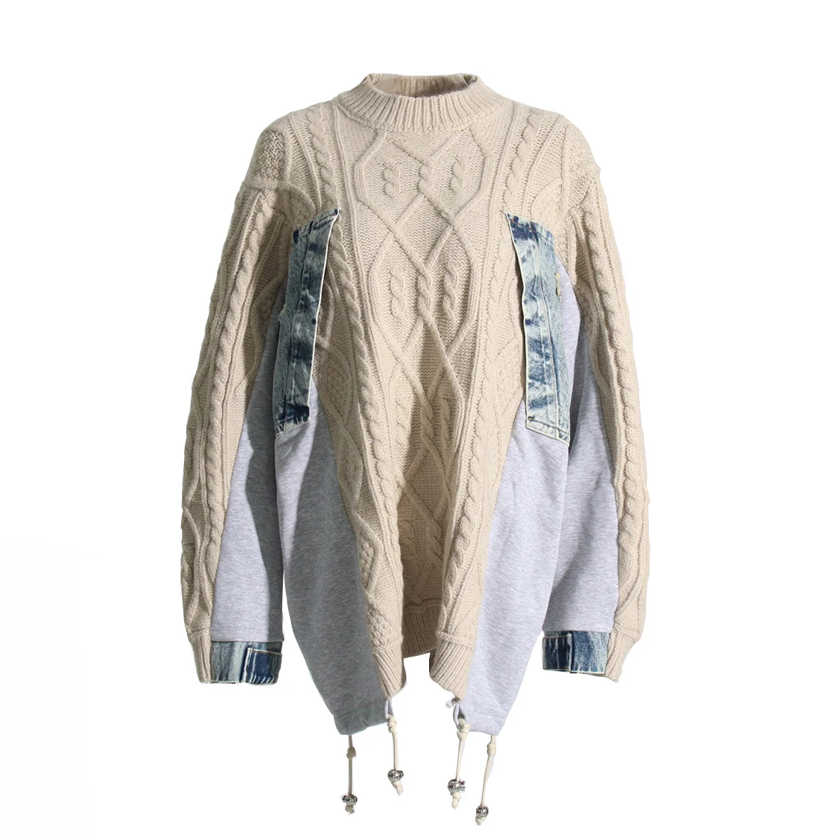 

Casual Knitting Lazy Style Women's Sweater Color Contrast Patchwork Oversized Tops Denim Splicing Loose Long Sleeve Pullover
