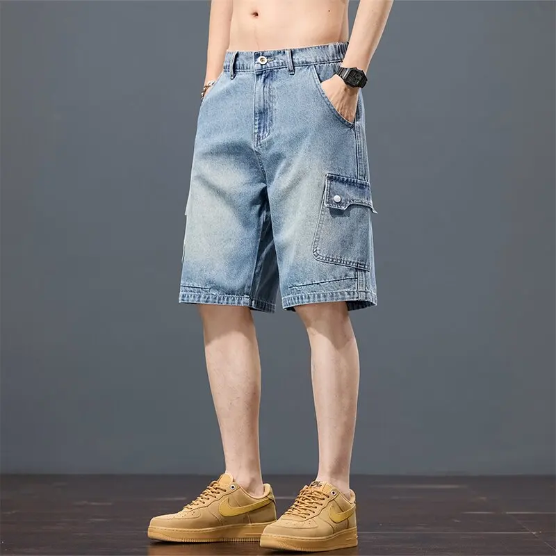 

New Spring/Summer Fashionable American Retro Straight-Leg Stretch Denim Shorts Men's Casual Loose Fit Sports High-Quality Jeans