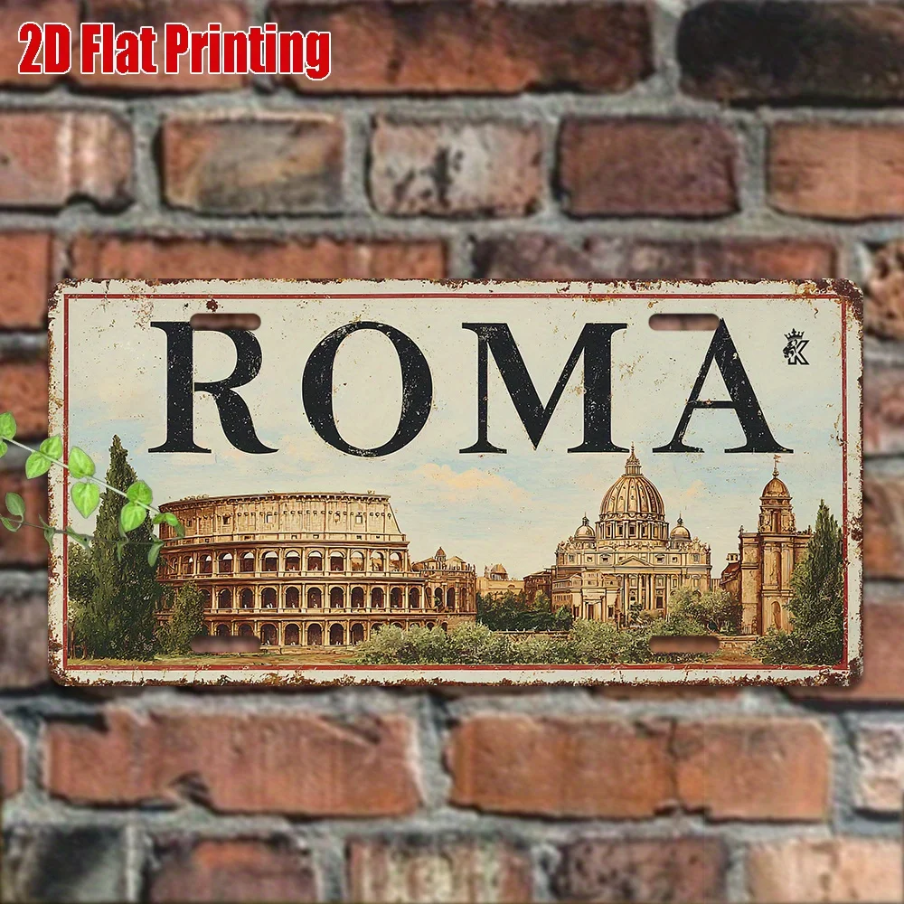 Roma Rome Landmarks Vintage License Plate AL Sign - Vintage Durable Metal Plaque Wall Decor, Home Office Bar Man Cave Wall Art