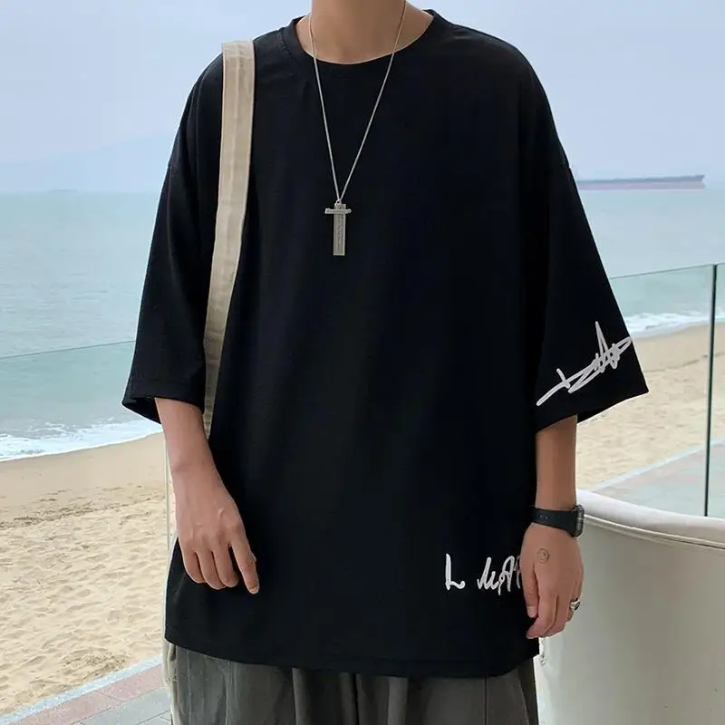 Fashion Solid Color Printed Asymmetrical T-Shirt Men Clothing 2023 Spring New Oversized Casual Pullovers Loose Korean Tee Shirt