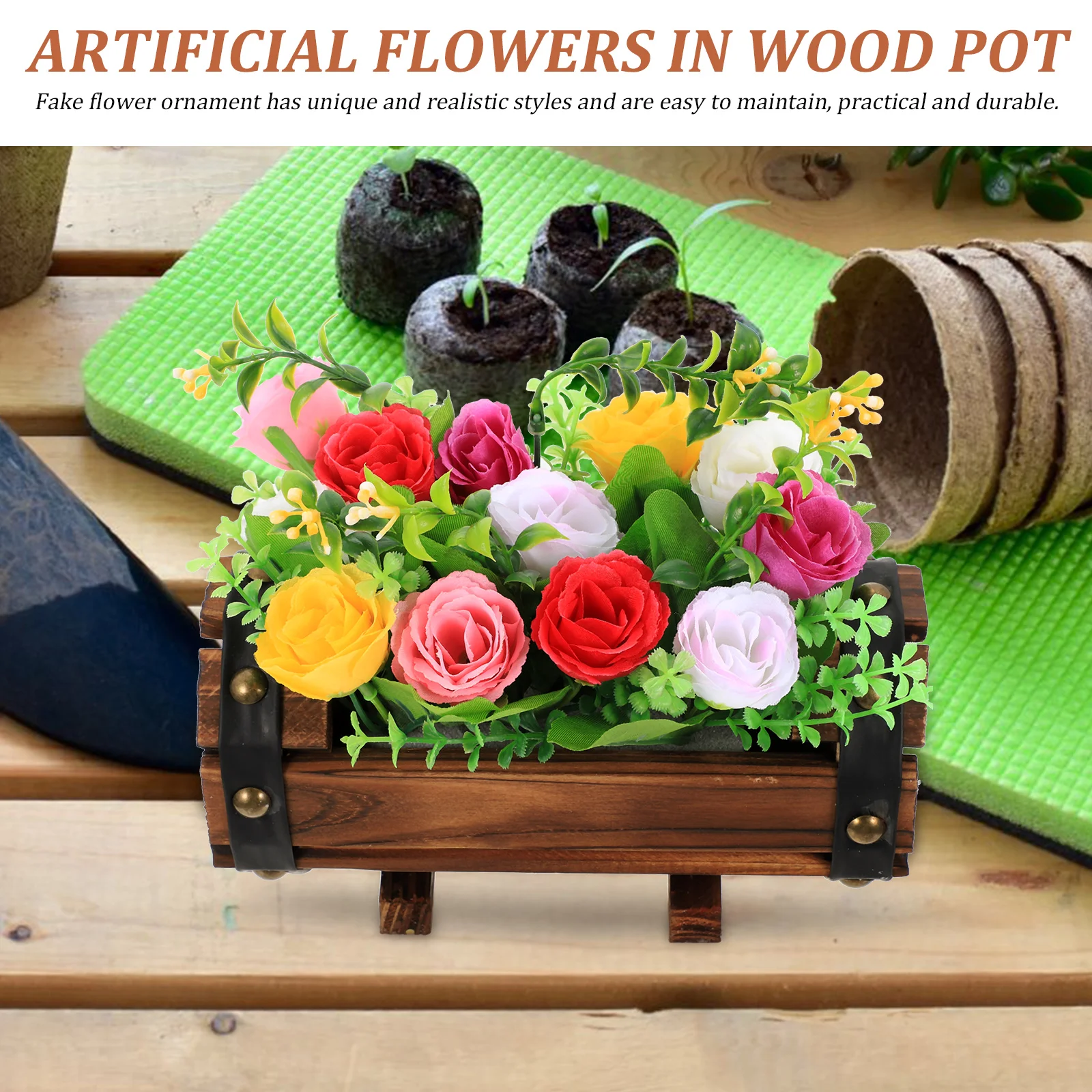 

Artificial Plants Silk Cloth Faux Outdoor Flowerpot Banquet Vases Bouquet Decoration Home Wedding Wooden Pot