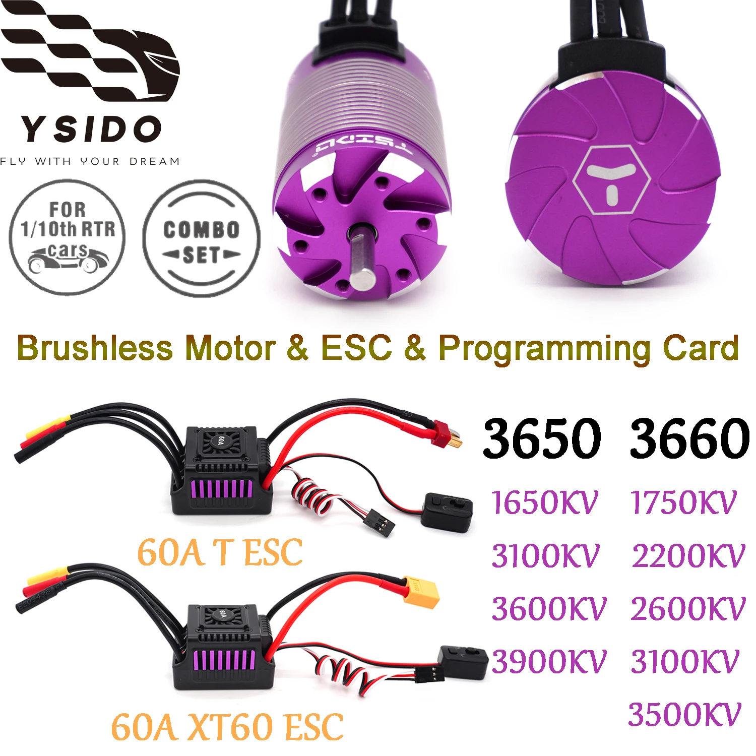 1/10 RC Racing Off-Road Car Motor 3660 3650 Brushless Motor 4 Poles with 60A ESC Combo 3.175/5.0mm Shaft for Wltoys Tamiya HSP