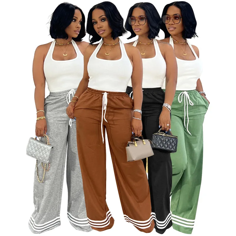 Women Long Pant Casual Pockets Solid Wide Leg Pants Loose Midi Waist Drawstring Long Trousers Thick Warm Autumn Winter