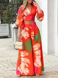 New Fashion Printed V-Neck Lantern Sleeve Short Shirt High Waist Wide Leg Pants Two Piece Set Two Piece Sets Womens Outifits