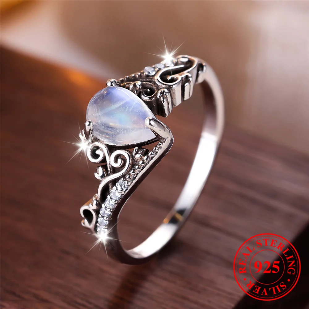 Cute Female Small Nature Moon Stone Leaf Ring Vintage Real 925 Sterling Silver Wedding Jewelry For Women