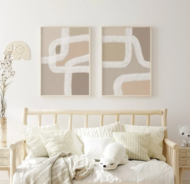 2pcs frameless Canvas Painting 2pcs/set Beige Abstract Geometric Art Canvas Prints Mid-century Neutral Minimalist Wall Art Poste