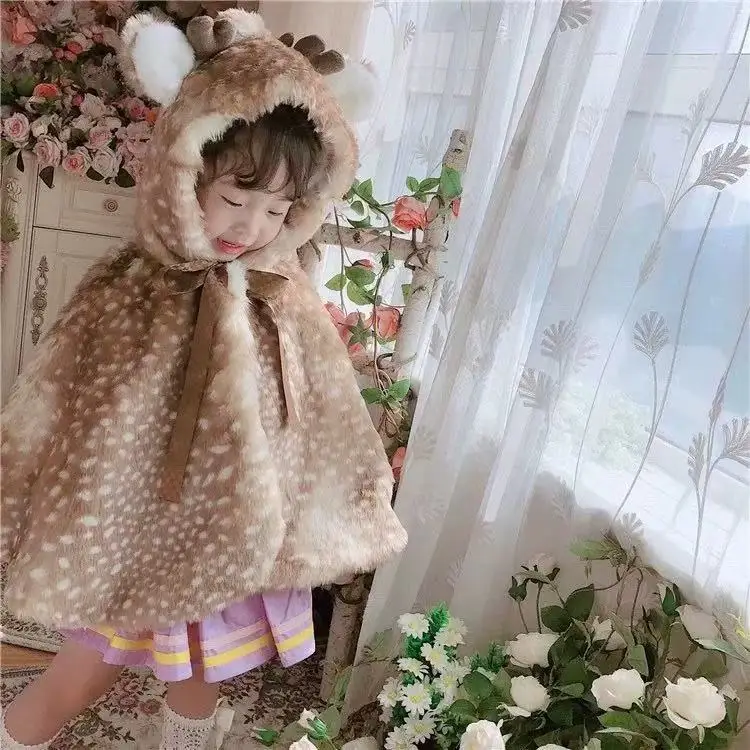 2026 Girls' Coat Spotted Deer Style Imitation Mink Fur Soft Cotton Padded Thick Coat Kids Cloak Warm New Year's Outfit