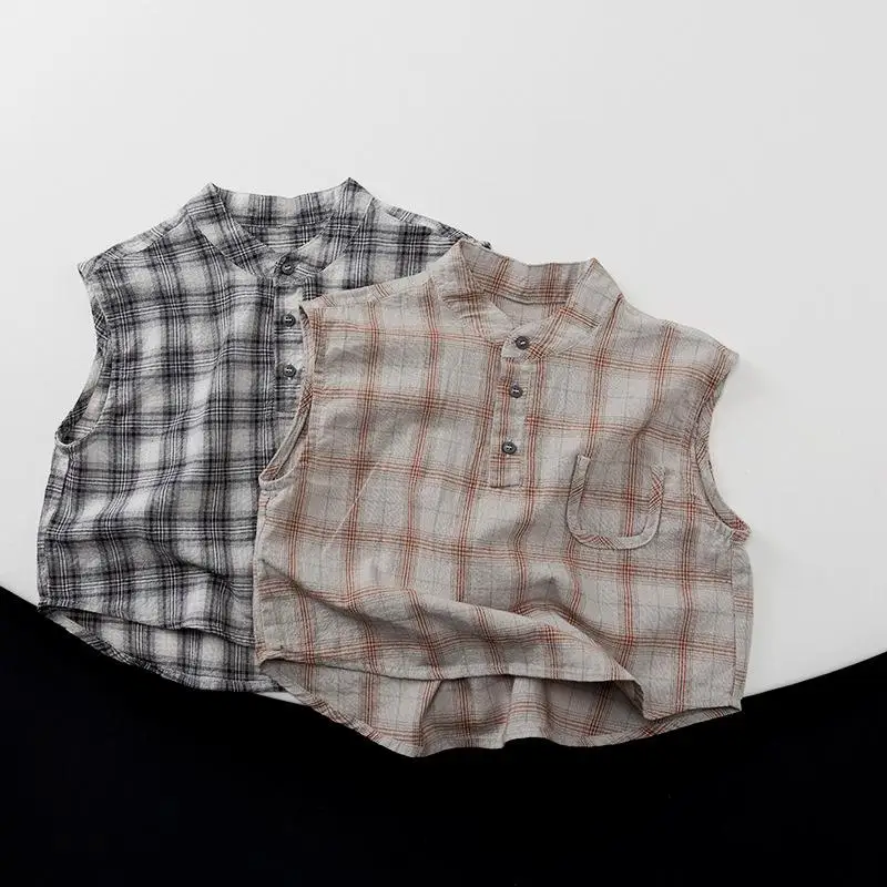 

2025 Summer New Children Sleeveless Shirts Cotton Baby Girls Loose Plaid Shirts Fashion Boys Versatile Casual Tops Kids Clothes