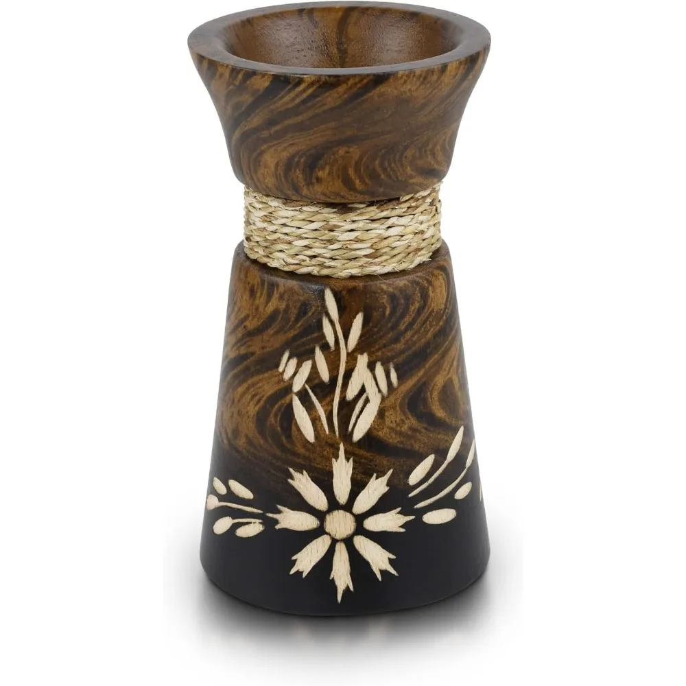 مزهرية مستطيلة مصنوعة يدويًا من خشب شجرة المانجو مقاس 6 بوصات |   مزهرية خشبية ريفية لسطح الطاولة