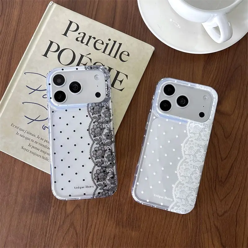 Ins Polka Dots Lace White Black Kawaii Phone Case For iPhone 18 17 Air 16 15 14 13 12 11 Pro Max Plus MINI Y2K Lovely Cover view 2