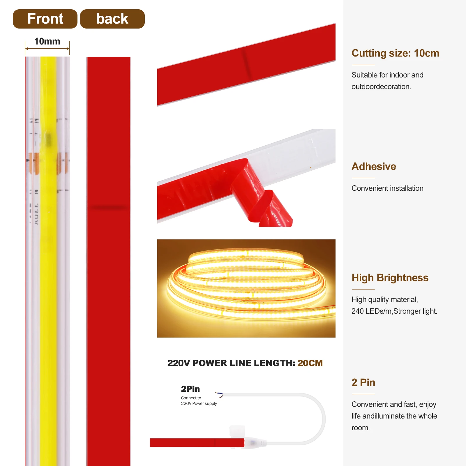 شريط COB مع كابل 2PIN توصيل التيار المتناوب 220 فولت مباشرة 240 المصابيح/م مقاوم للماء ديكور المنزل شريط مرن حبل ضوء 3000K 4000K 6000K