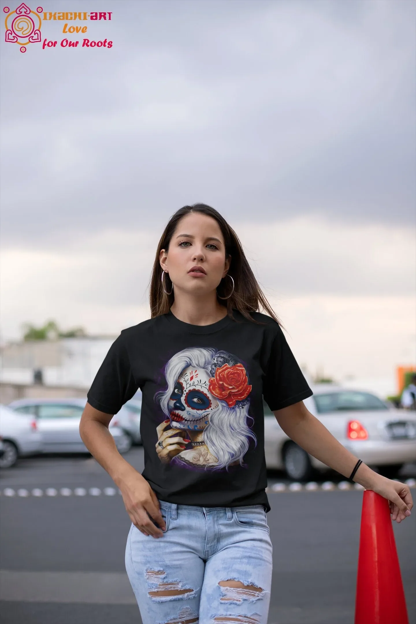 Camiseta Feminina Mexicana com Estampa Artística Catrina do Dia dos Mortos